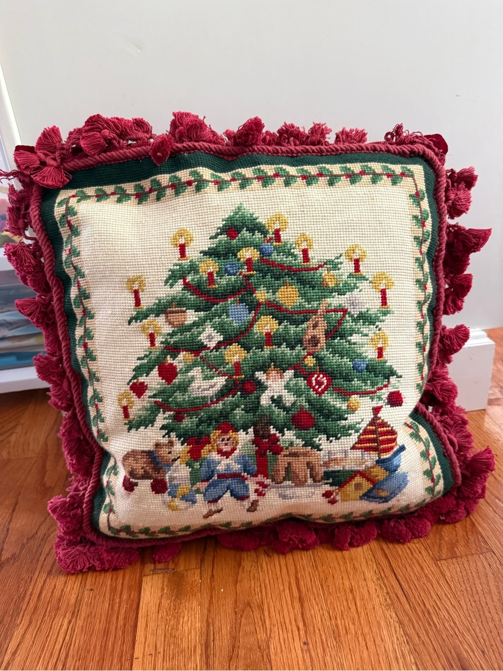 Vintage Christmas Tree Toys Under the Tree Needlepoint Pillow Red Velvet Back